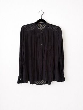 Free People Black Lace-Yoke Button Down Blouse size Small